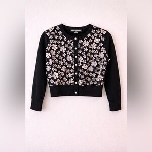 Karl Lagerfeld Paris XS Black Floral Cardigan Pearl Button Cropped Sweater